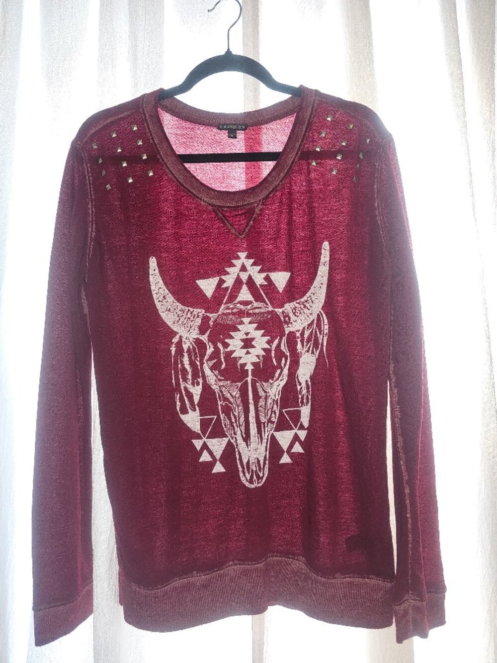 Express Western Bull Skull Graphic Studded Sweatshirt Burgundy Size S